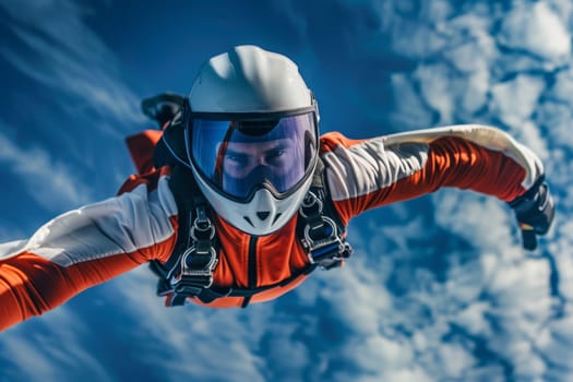 A man adorned in a bold orange and white suit skydives through the sky with grace and precision.