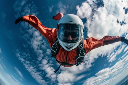 A man wearing an orange jacket is skydiving, soaring through the sky in a thrilling display of adrenaline-fueled courage and freedom.