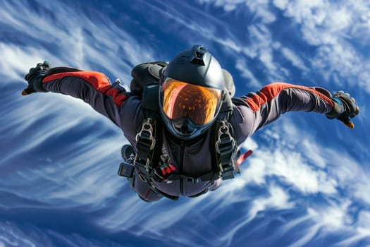 A man in a helmet and goggles is skydiving, wearing a wingsuit, captured in a dynamic close-up view.