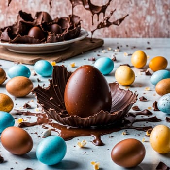 Chocolate egg exploding and melting on the table. Colored eggs in the background.