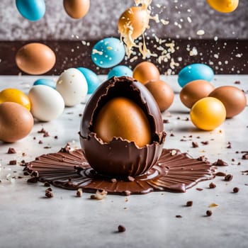Chocolate egg exploding and melting on the table. Colored eggs in the background.