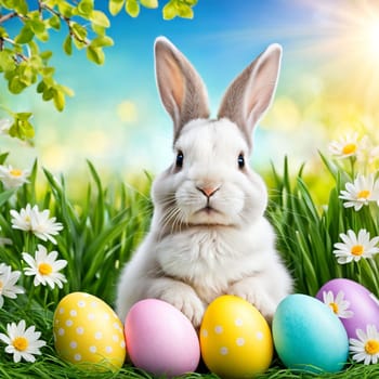 Cute Easter bunny with colorful eggs over spring nature background