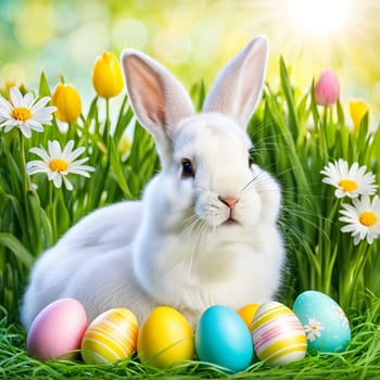 Cute Easter bunny with colorful eggs over spring nature background