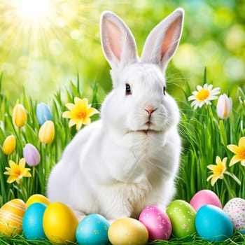 Cute Easter bunny with colorful eggs over spring nature background