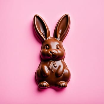 Melted chocolate Easter bunny on pastel pink background.