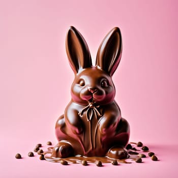 Melted chocolate Easter bunny on pastel pink background.