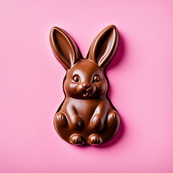 Melted chocolate Easter bunny on pastel pink background.