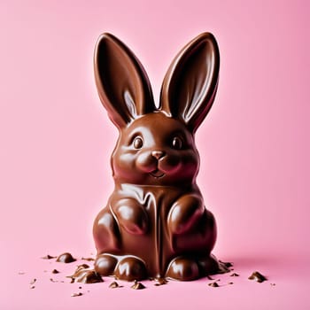 Melted chocolate Easter bunny on pastel pink background.