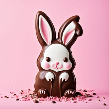 Melted chocolate Easter bunny on pastel pink background.