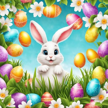 Cute Easter bunny with colorful eggs over spring nature background
