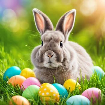 Cute Easter bunny with colorful eggs over spring nature background