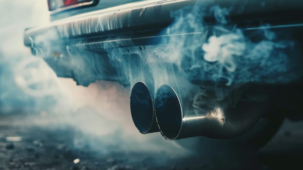 Witness the environmental impact as thick smoke billows from a car's exhaust pipe in this close-up shot, highlighting the concerning issue of vehicle emissions.