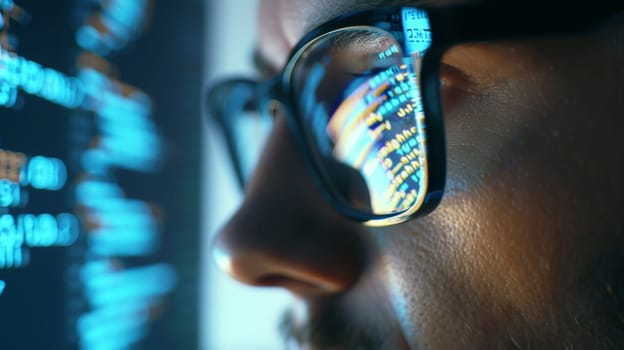 Experience the focused intensity as a male developer, donning glasses, delves into coding software, meticulously searching for errors and deciphering intricate symbols reflected on the right side of the glasses.