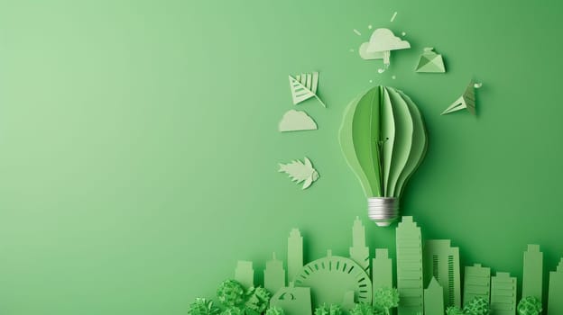 Explore a creative concept of sustainable urban development with a light bulb paper symbolizing eco-friendly ideas for energy conservation and a green city vision in the year 2050.