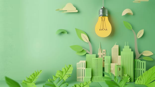 Explore a creative concept of sustainable urban development with a light bulb paper symbolizing eco-friendly ideas for energy conservation and a green city vision in the year 2050.
