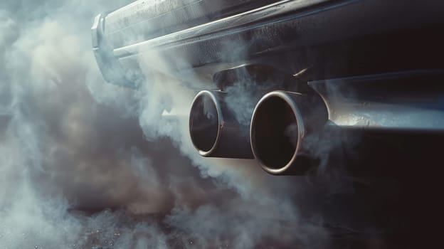 Witness the environmental impact as thick smoke billows from a car's exhaust pipe in this close-up shot, highlighting the concerning issue of vehicle emissions.