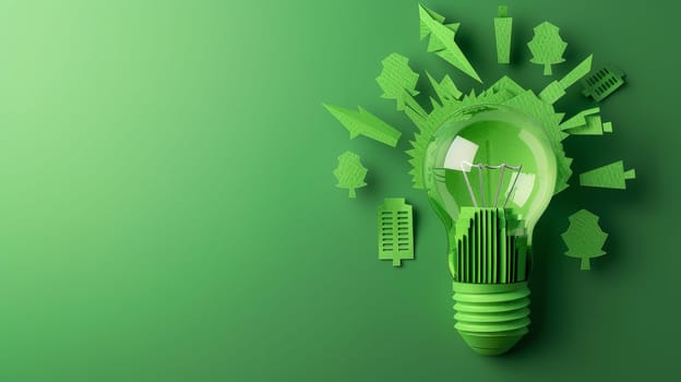 Explore a creative concept of sustainable urban development with a light bulb paper symbolizing eco-friendly ideas for energy conservation and a green city vision in the year 2050.