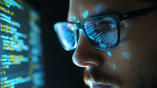 Experience the focused intensity as a male developer, donning glasses, delves into coding software, meticulously searching for errors and deciphering intricate symbols reflected on the right side of the glasses.