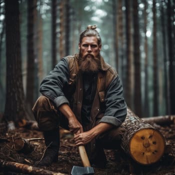 A man with a topknot and full beard poses with an axe in a misty pine forest, evoking a rugged natural vibe