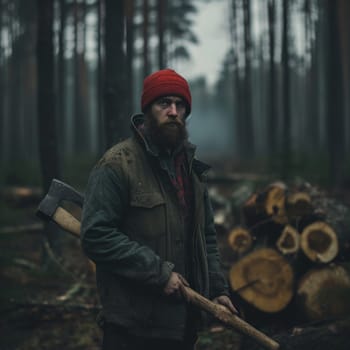 A person in a forest, holding an axe, with a stack of cut logs in the background, evoking a moody atmosphere