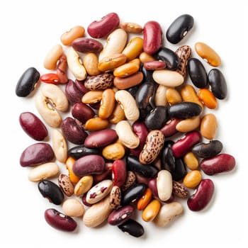 A heap of beans and corn arranged on a clean white surface - isolated raw food