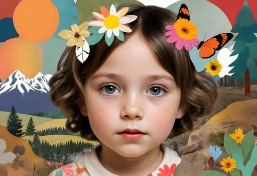 AI generated of a cute child with childhood collage pieces on colorful background