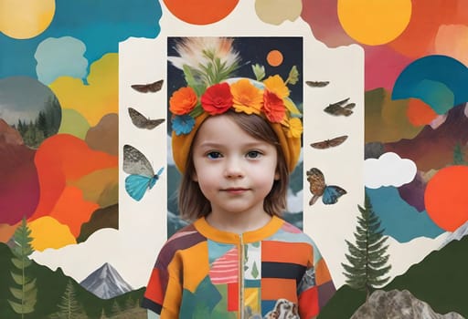AI generated of a cute child with childhood collage pieces on colorful background