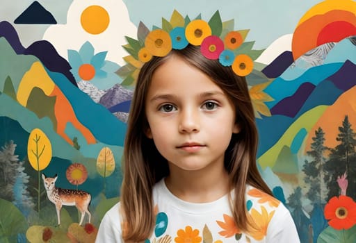 AI generated of a cute child with childhood collage pieces on colorful background