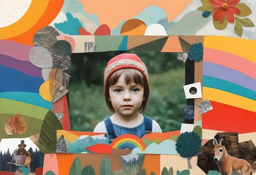 AI generated of a cute child with childhood collage pieces on colorful background
