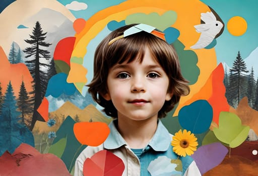 AI generated of a cute child with childhood collage pieces on colorful background