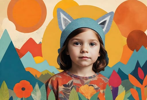 AI generated of a cute child with childhood collage pieces on colorful background