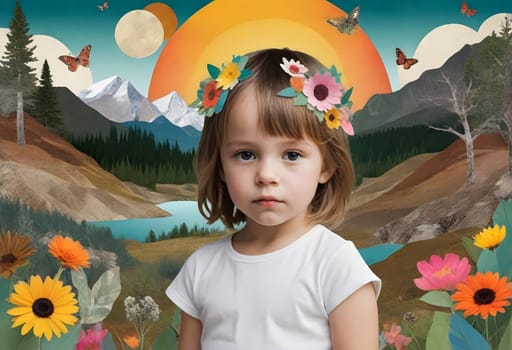 AI generated of a cute child with childhood collage pieces on colorful background