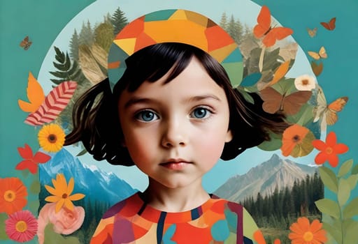 AI generated of a cute child with childhood collage pieces on colorful background