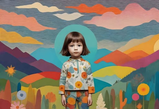 AI generated of a cute child with childhood collage pieces on colorful background