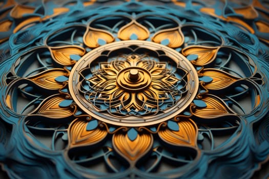 A close up of a mesmerizing 3D mandala with intricate, symmetrical designs and hypnotic beauty