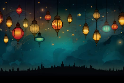 A decorative Eid Al-Fitr banner with lantern designs