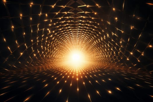 A dynamic shot of a 3D geometric tunnel with kaleidoscopic visual effects