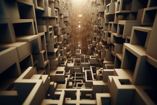 A dynamic shot of a 3D cube morphing into a labyrinthine geometric structure