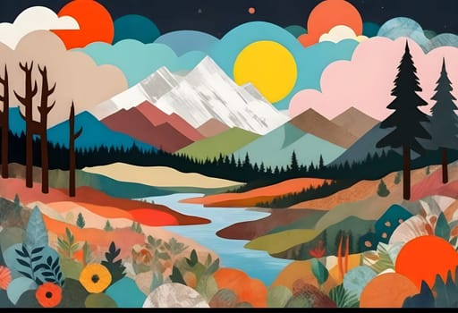 AI generated of a photo collage of a landscape with colorful and vibrant surroundings