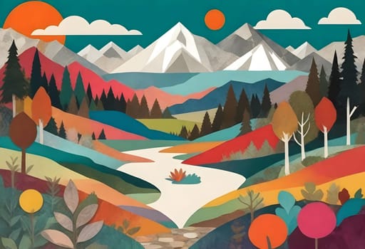 AI generated of a photo collage of a landscape with colorful and vibrant surroundings