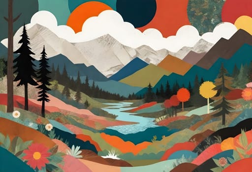 AI generated of a photo collage of a landscape with colorful and vibrant surroundings
