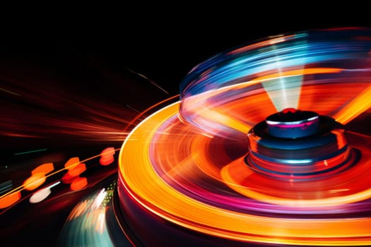 An abstract image of a spinning carnival ride with bright lights