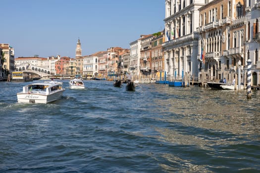 Venice, Italy - September 6, 2022: Houses and palaces seen from a motorboat cruise along the Grand Canal in Venice