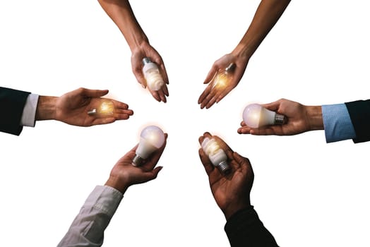 Teamwork and brainstorming concept with businessmen that share an idea with lamps