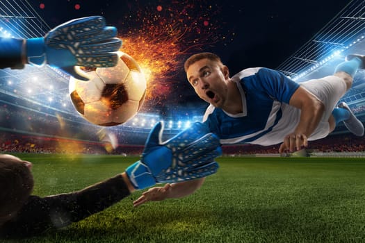 Powerful kick of a soccer player with fiery ball in the football stadium