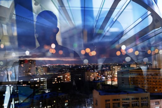 Double exposure of business people who work together in office
