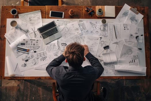 Man works on a sketches of a startup creative project. Generative AI