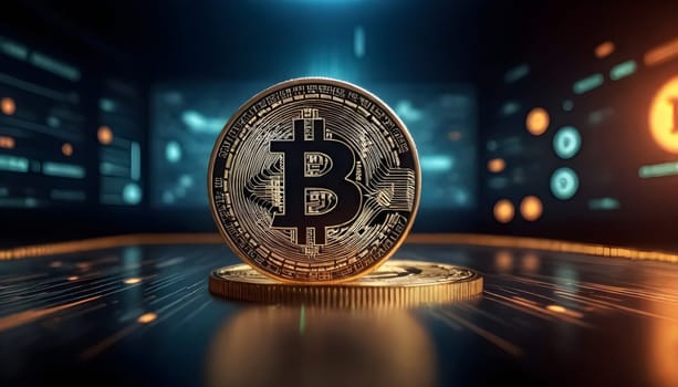 AI generated of bitcoin banner ad design background with market and technology elements background