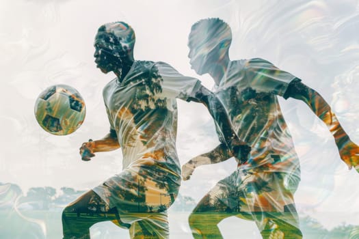 Double exposure of a Soccer player ready to kick the ball at the stadium. Generative AI
