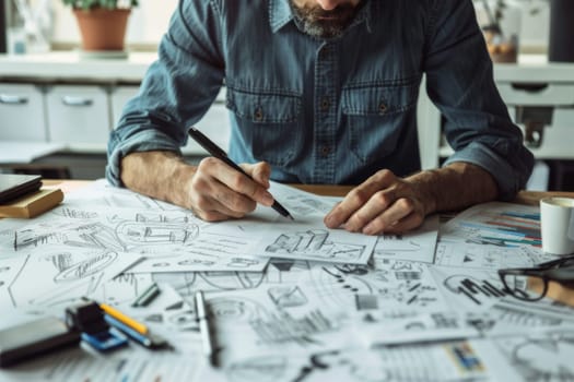 Man works on a sketches of a startup creative project. Generative AI